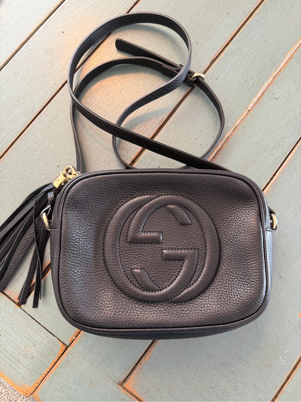 Gucci Black Pebbled Leather Soho Disco Crossbody with Tassel